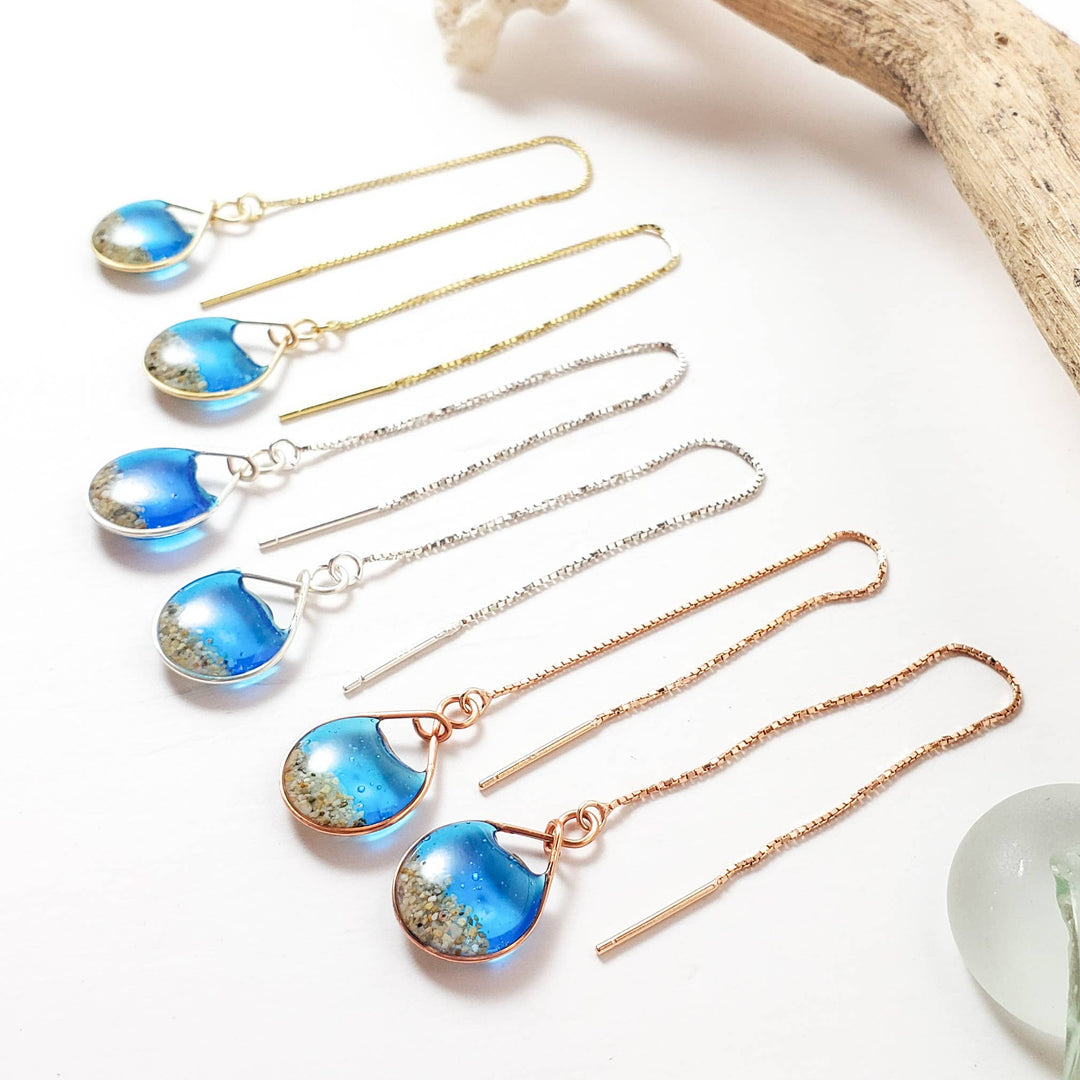 Skinny Pig Designs - Marine Blue Water and Sand Threader Earrings in Yellow Gold