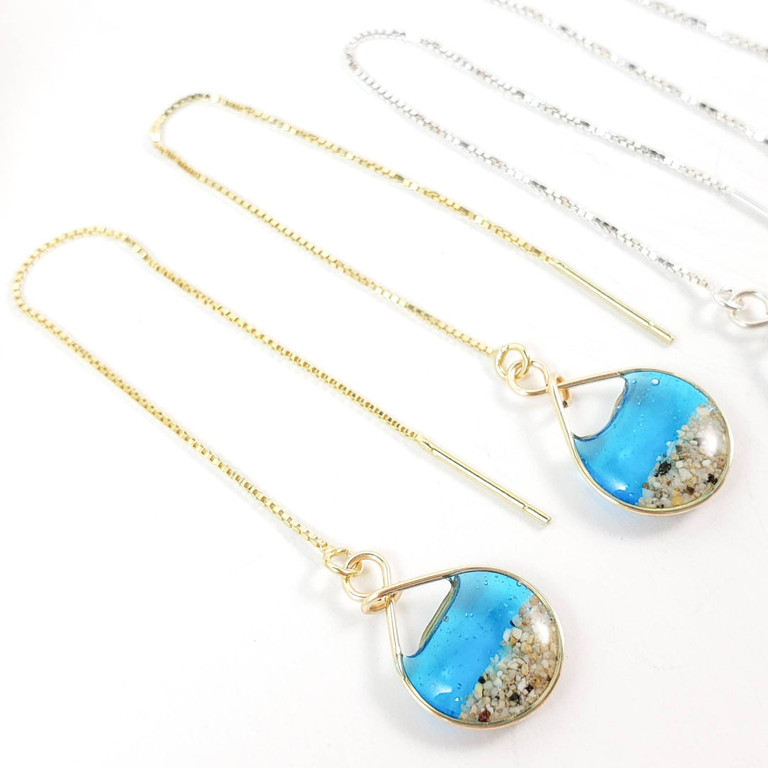 Skinny Pig Designs - Marine Blue Water and Sand Threader Earrings in Yellow Gold