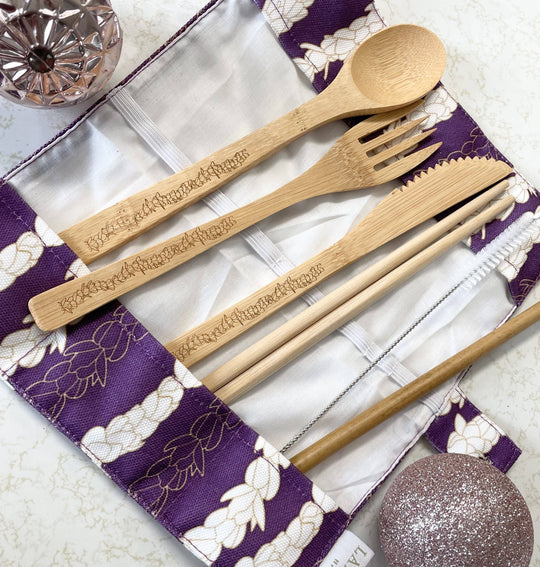 Lahaʻole Designs - Pīkake Lei Bamboo Cutlery Set - Poni/Purple