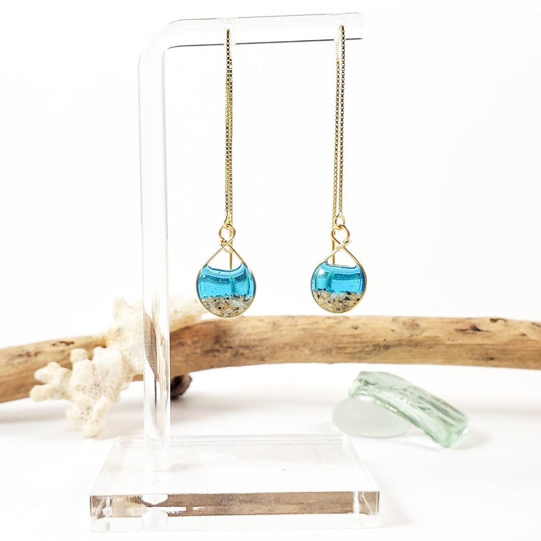 Skinny Pig Designs - Marine Blue Water and Sand Threader Earrings in Yellow Gold