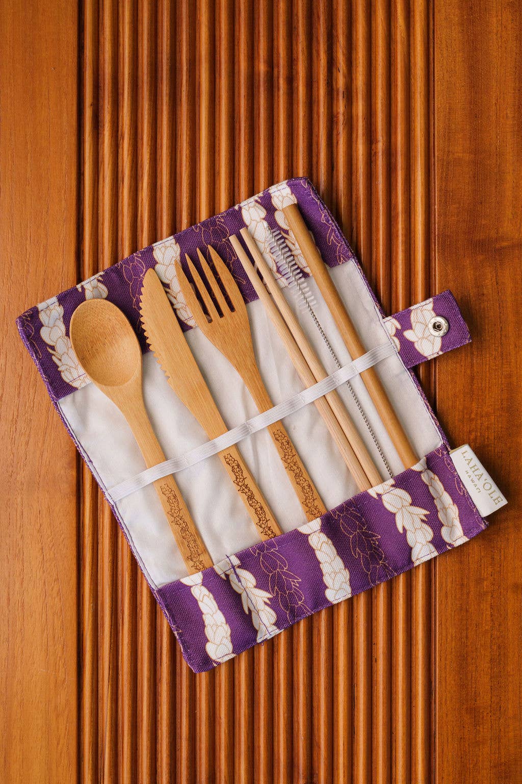 Lahaʻole Designs - Pīkake Lei Bamboo Cutlery Set - Poni/Purple