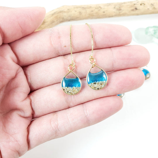 Skinny Pig Designs - Marine Blue Water and Sand Threader Earrings in Yellow Gold