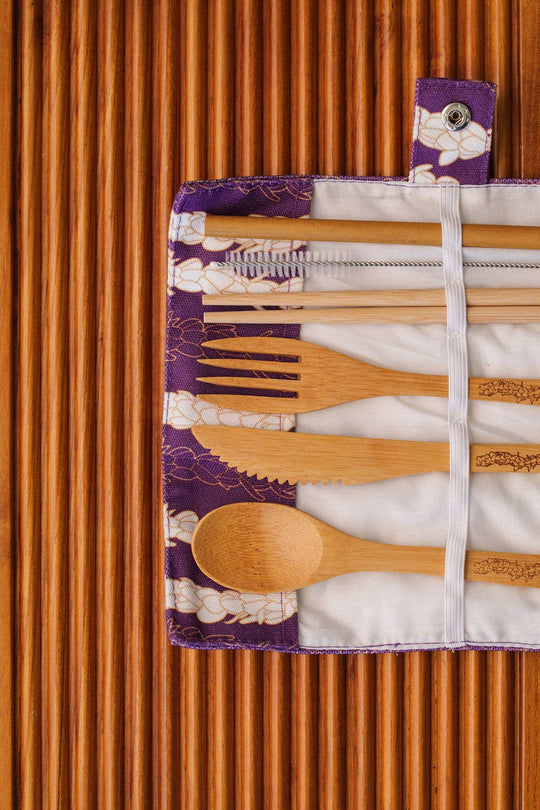 Lahaʻole Designs - Pīkake Lei Bamboo Cutlery Set - Poni/Purple