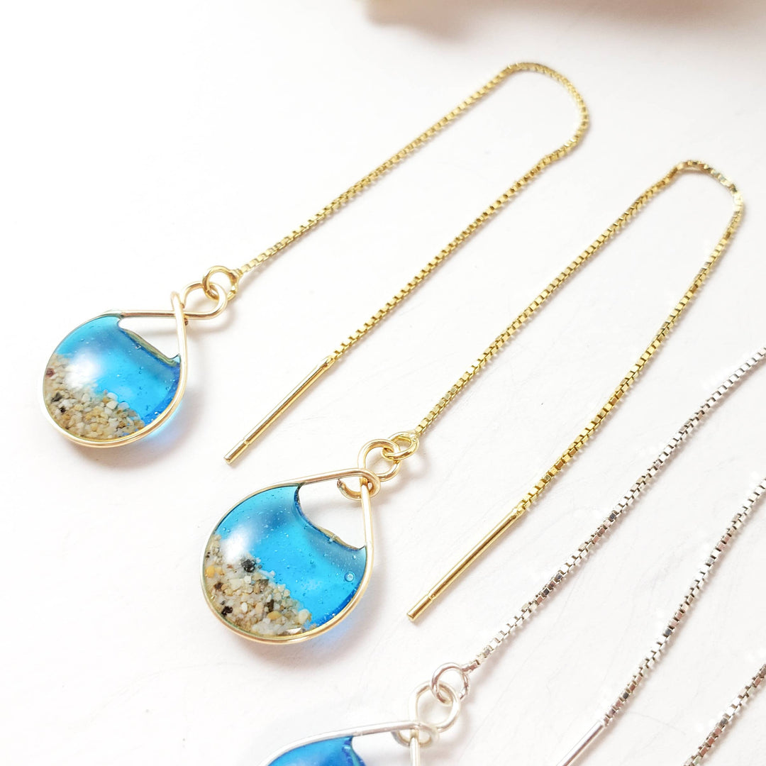 Skinny Pig Designs - Marine Blue Water and Sand Threader Earrings in Yellow Gold