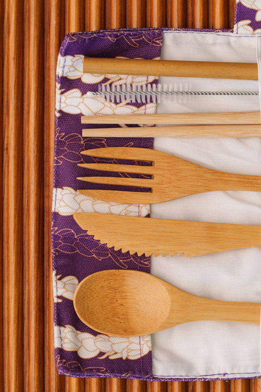 Lahaʻole Designs - Pīkake Lei Bamboo Cutlery Set - Poni/Purple