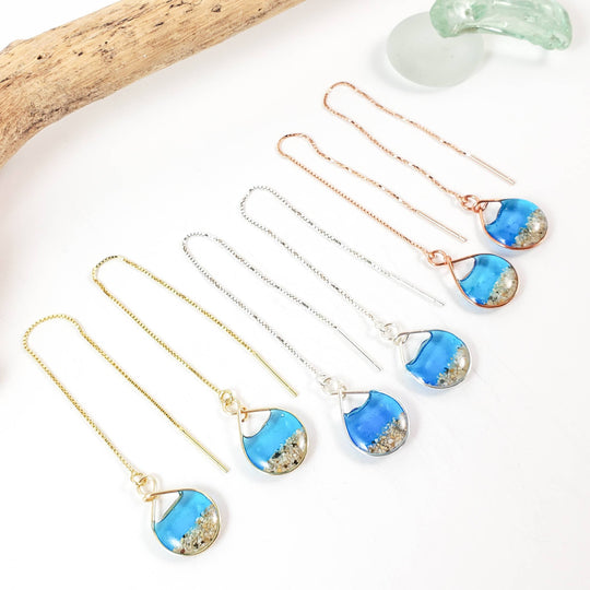 Skinny Pig Designs - Marine Blue Water and Sand Threader Earrings in Yellow Gold