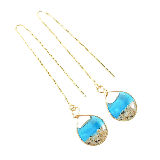 Skinny Pig Designs - Marine Blue Water and Sand Threader Earrings in Yellow Gold