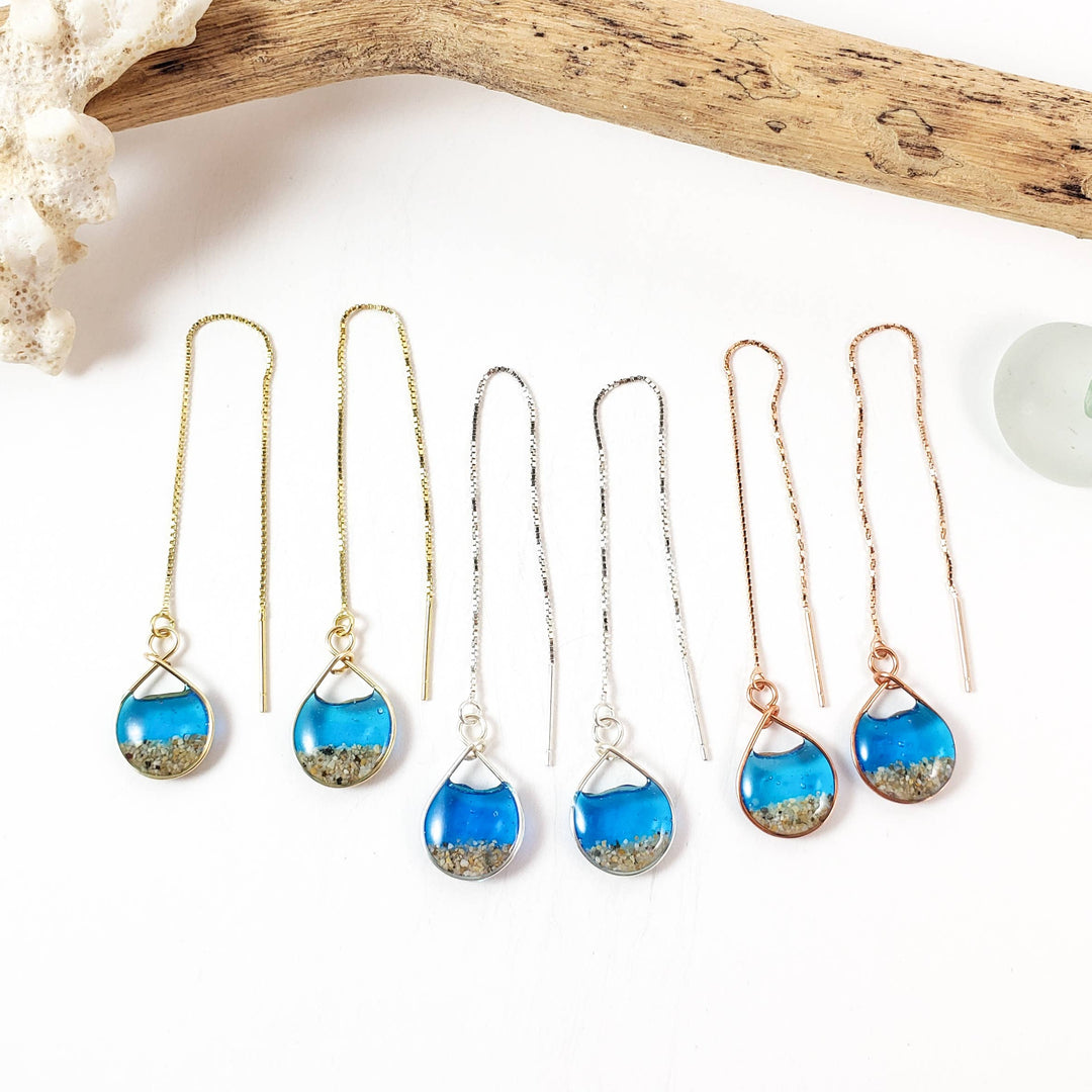 Skinny Pig Designs - Marine Blue Water and Sand Threader Earrings in Yellow Gold