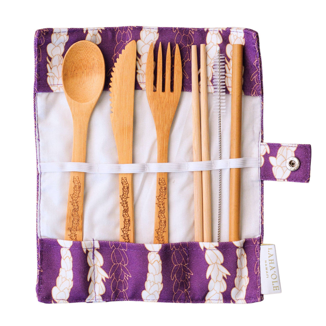 Lahaʻole Designs - Pīkake Lei Bamboo Cutlery Set - Poni/Purple