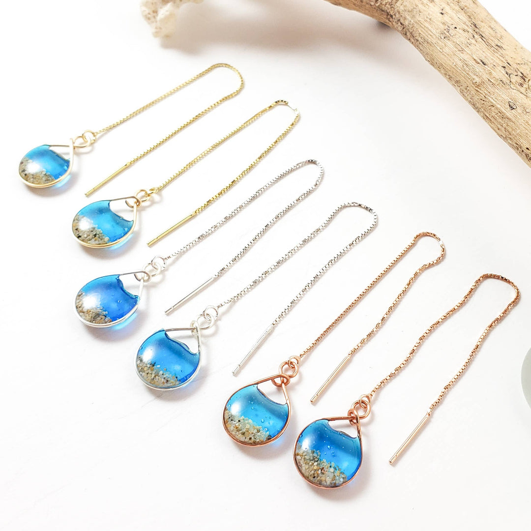 Skinny Pig Designs - Marine Blue Water and Sand Threader Earrings in Yellow Gold