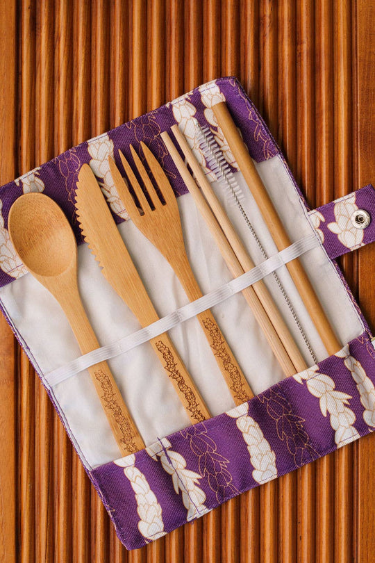 Lahaʻole Designs - Pīkake Lei Bamboo Cutlery Set - Poni/Purple